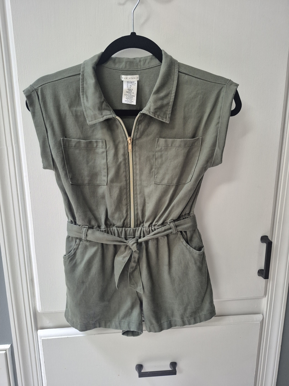 Max Studio Olive Green Short Sleeve Zip-Front Romper